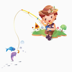 卡通钓鱼的男孩