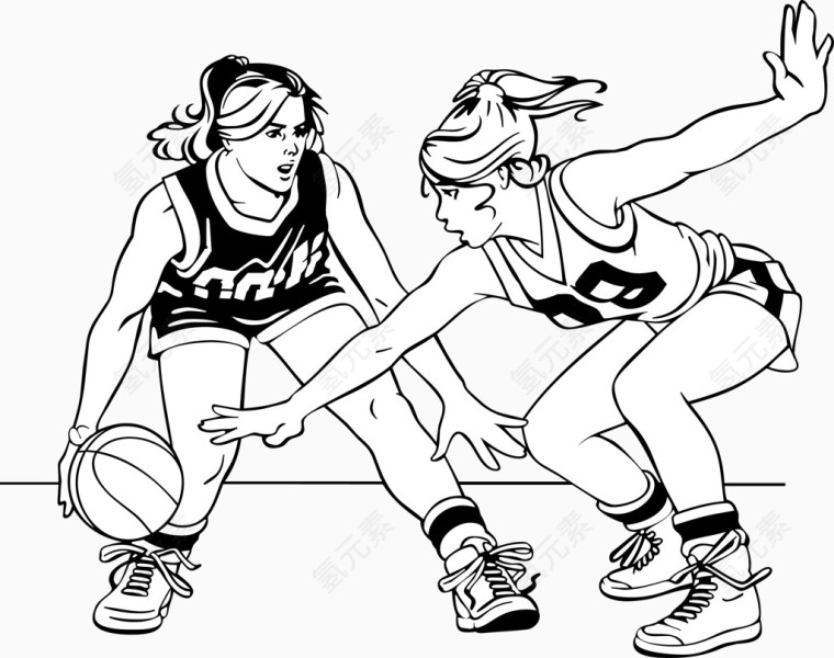 两女孩打篮球漫画矢量图