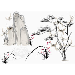 手绘日本风格花卉假山矢量图