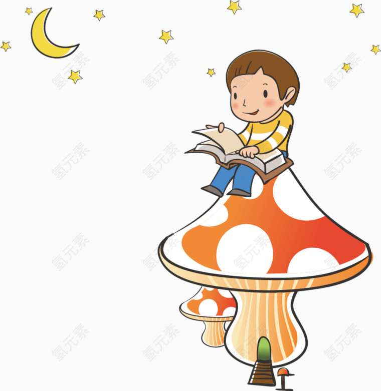 坐在蘑菇上看书的小男孩