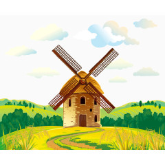 卡通手绘复古城堡风车房子背景装饰图