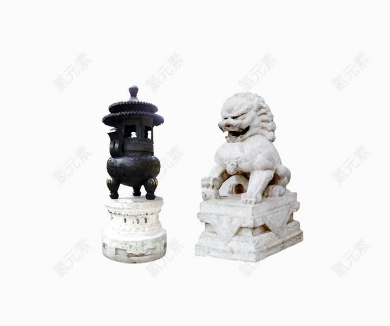 雕塑香炉和石狮子