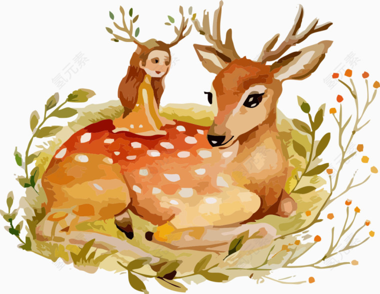 手绘小鹿与女孩