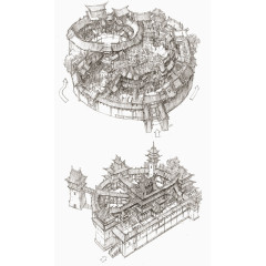 中国风建筑模型线稿