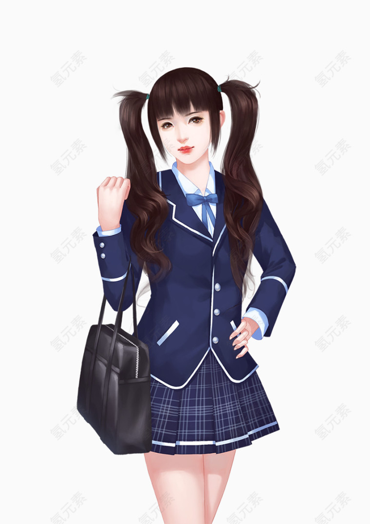 蓝色校服双马尾少女手绘