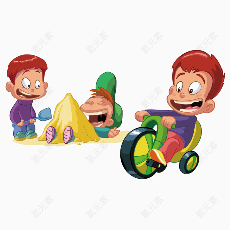 玩沙和骑儿童车的小孩