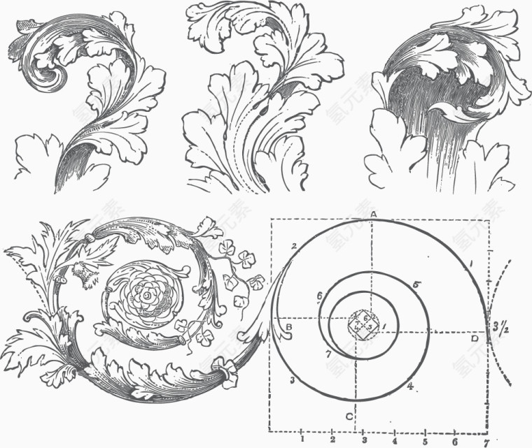 矢量铅笔画复古花纹