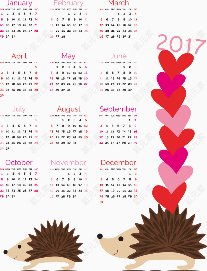 矢量心形刺猬2017年日历