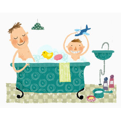 父子洗澡插画