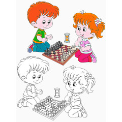 下国际象棋的男孩女孩卡通画