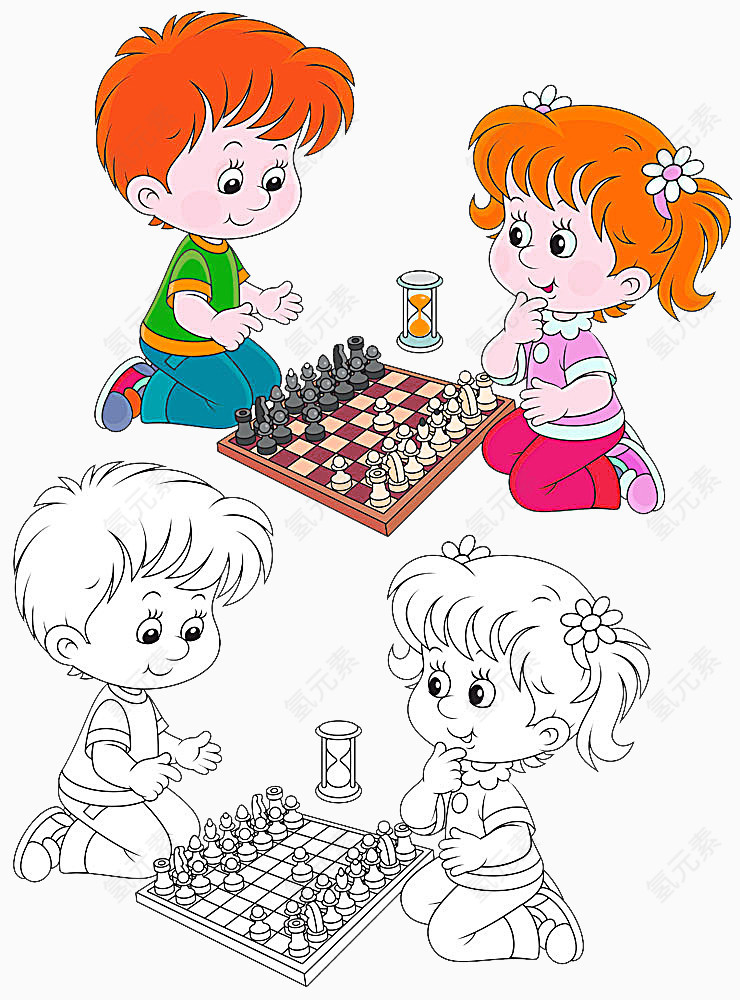 下国际象棋的男孩女孩卡通画
