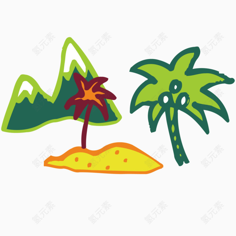卡通沙滩椰子树和大山