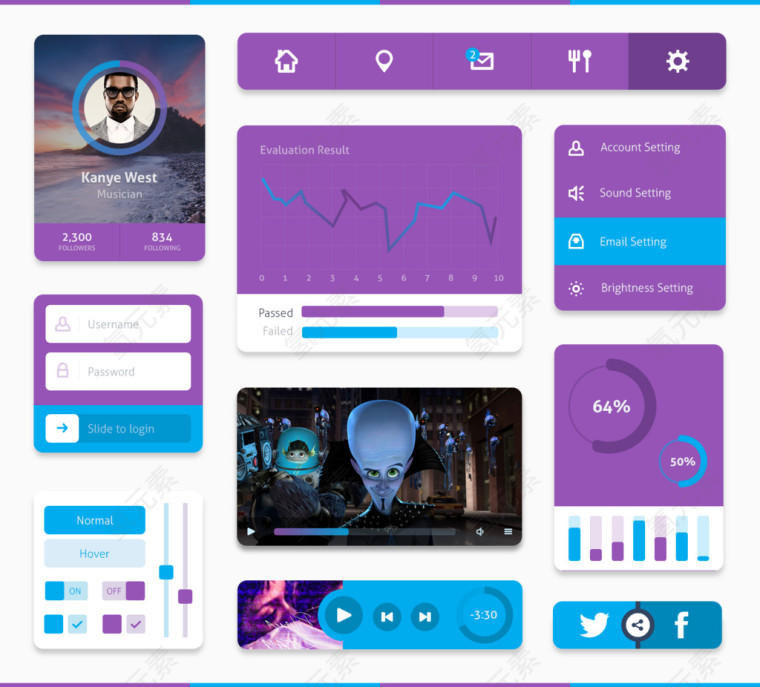 紫色系ui控件设计合集PSD源文件