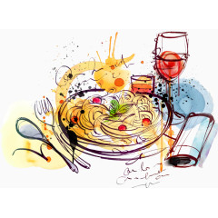 水彩抽象西餐食物和餐具