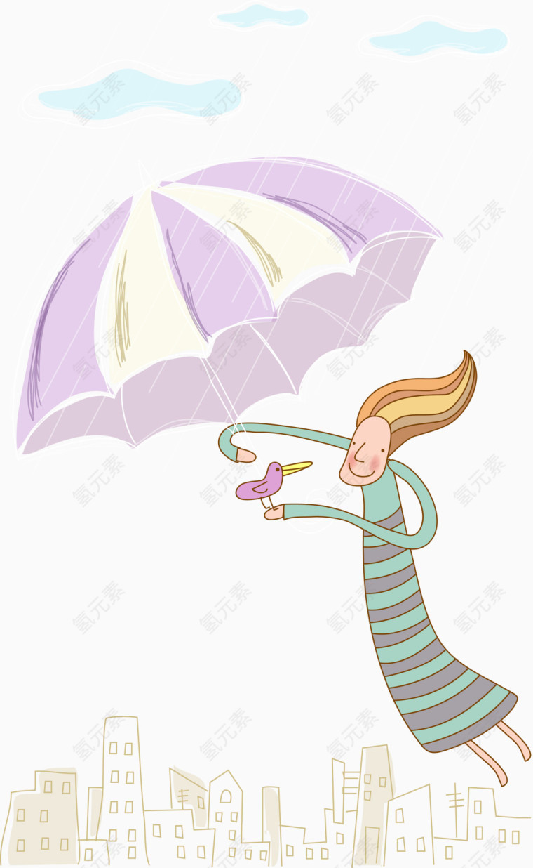 少女打伞遮雨线条创意矢量