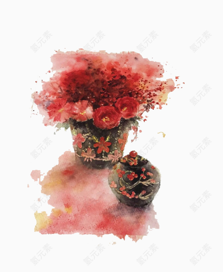 红色梅花黑色底色花瓶与小壶
