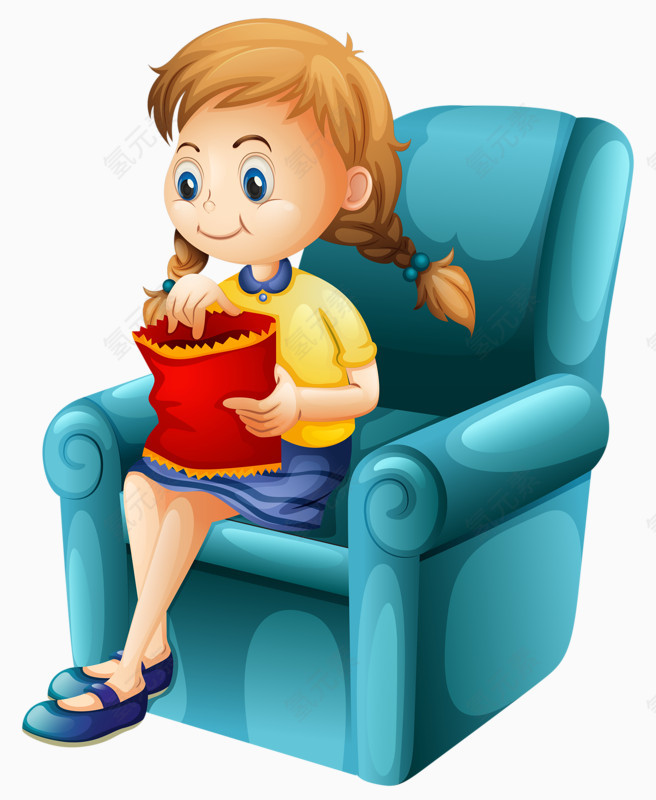 坐在沙发上吃零食的女孩