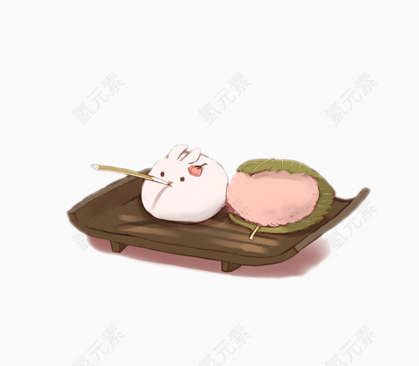 木盘子上的小兔包子和粉色饭团