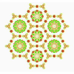 黄底绿红花团纹六角花瓣六边框纹
