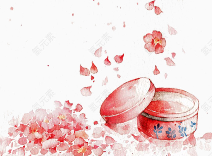 花瓣雨中的红色胭脂盒