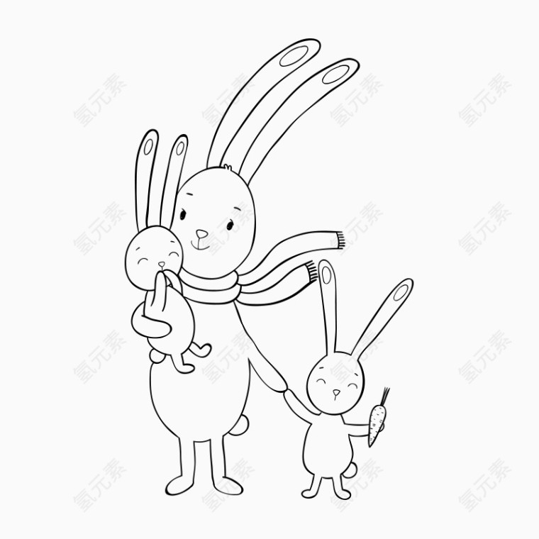 卡通线描兔子一家人