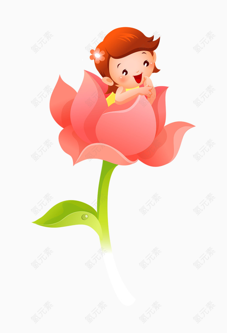 卡通手绘坐在花中的小女孩