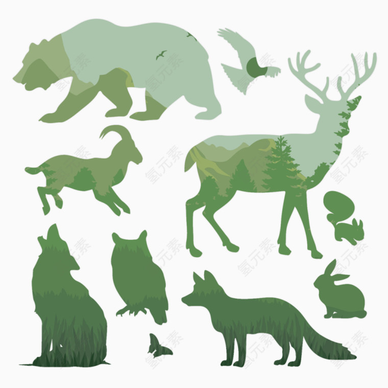 多款卡通手绘绿色动物剪影