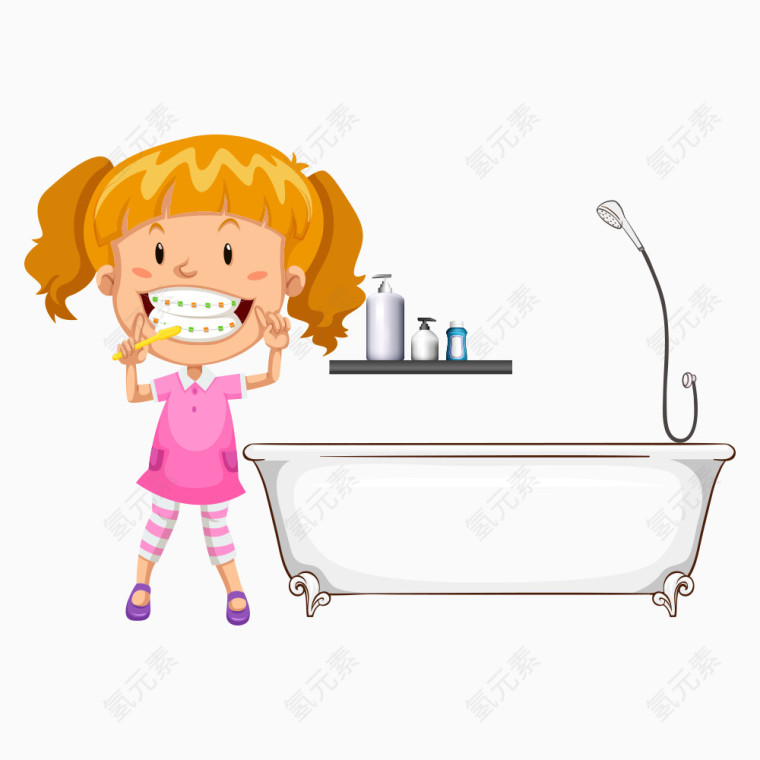 卡通小女孩浴室刷牙