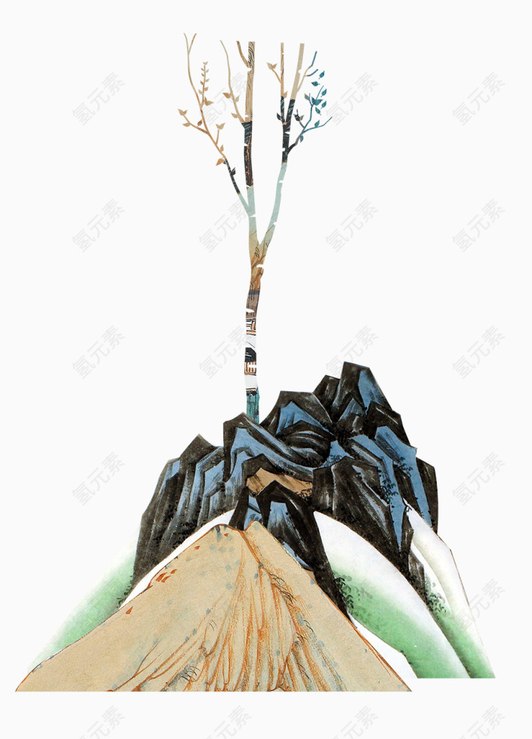 卡通手绘中国风大山和大树