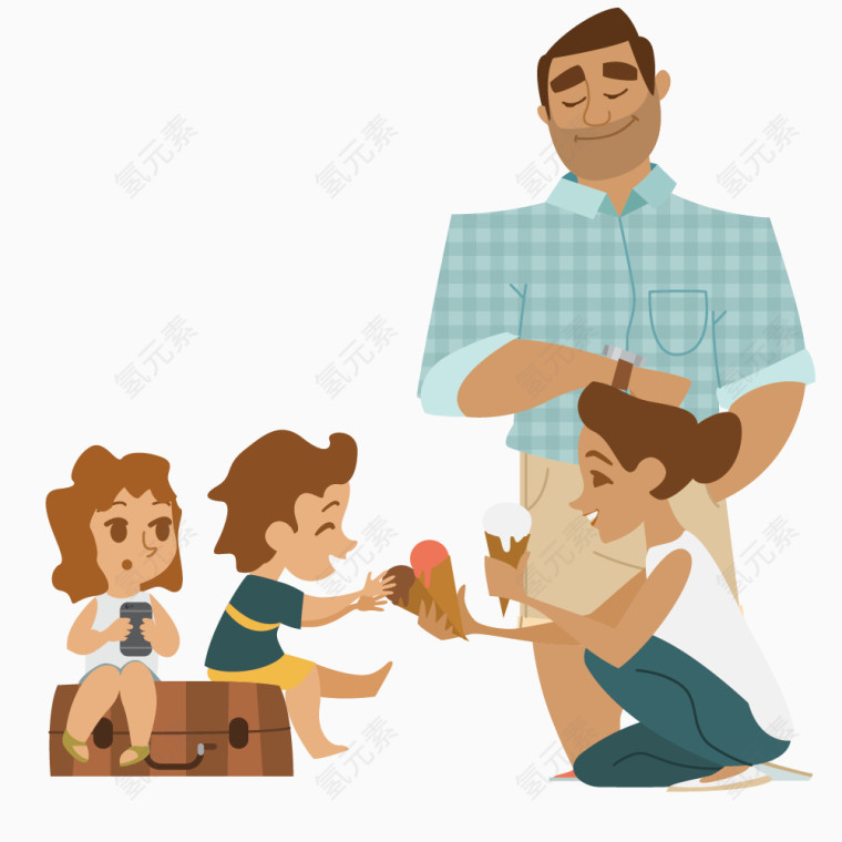 卡通手绘一家人玩耍吃冰淇淋