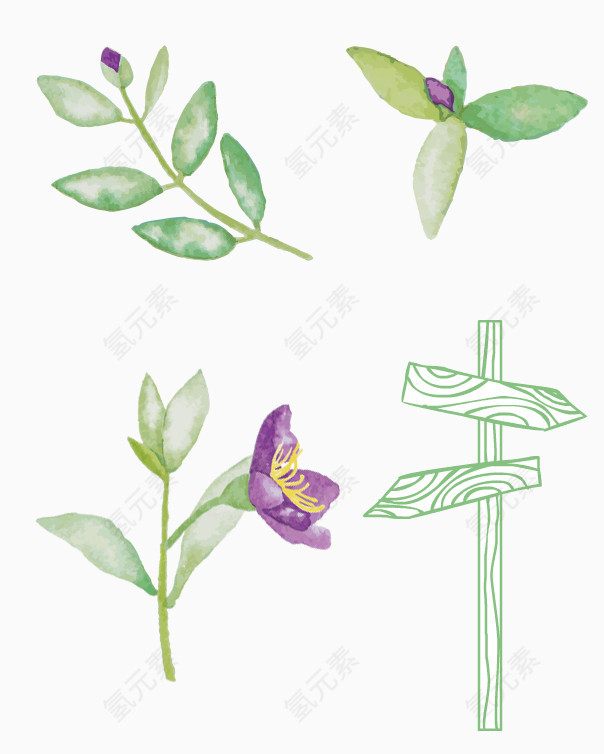 手绘指示牌和紫色花朵