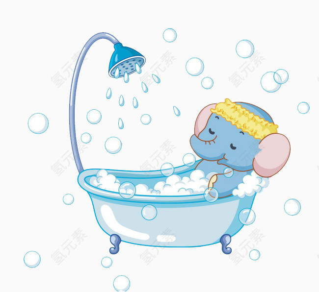 蓝色卡通洗澡的大象
