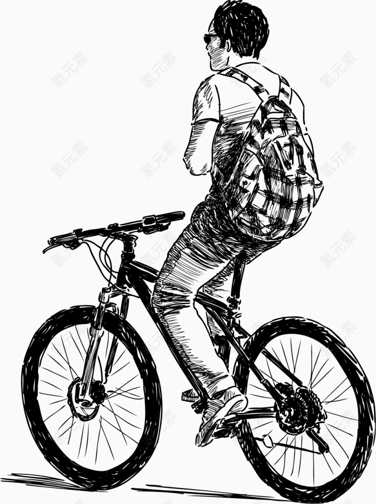 素描骑行自行车的背包男学生