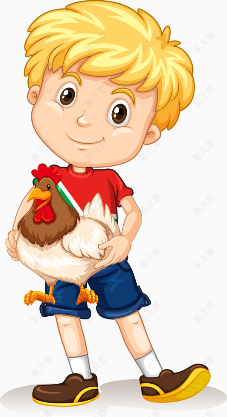 卡通小男孩抱鸡