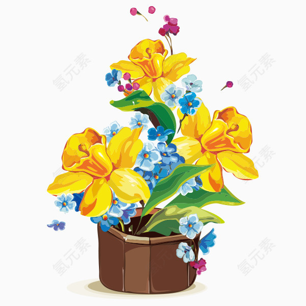 水彩黄色花卉盆栽png图片