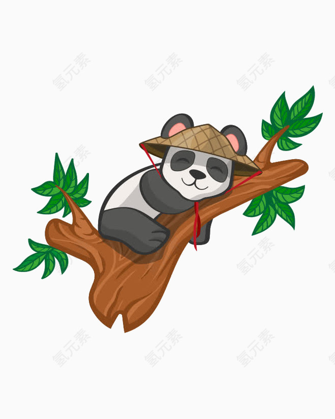 卡通手绘可爱熊猫睡在树枝上
