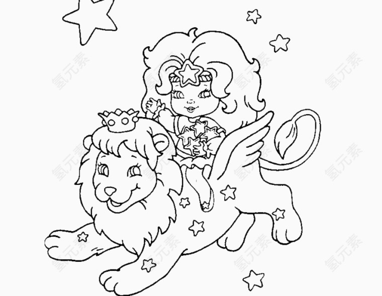 卡通简笔线条画公主和狮子