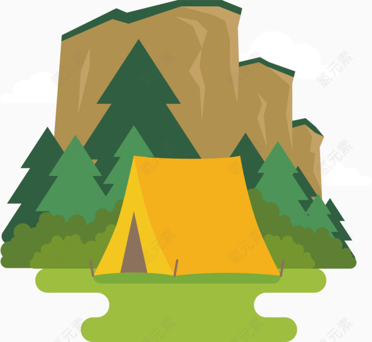 帐篷绿山水彩卡通手绘图标元素
