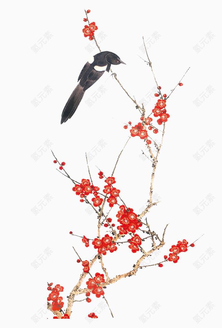 中国风红色手绘梅花喜鹊