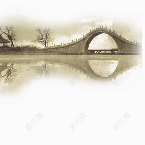 手绘水墨拱桥
