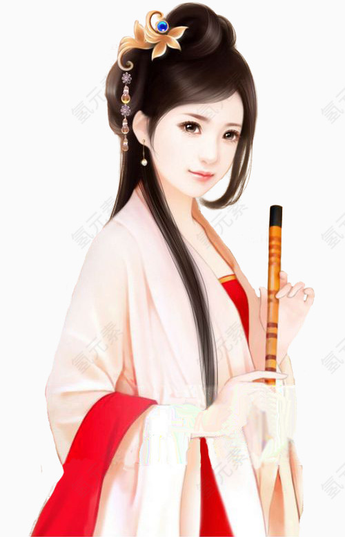 手绘古典中国风拿笛子的美女