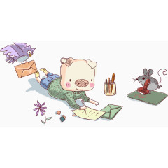 写信的小猪老鼠信鸽笔筒卡通手绘装饰元素