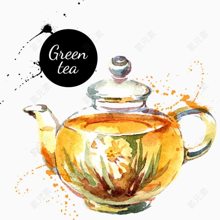 水彩绿茶茶壶