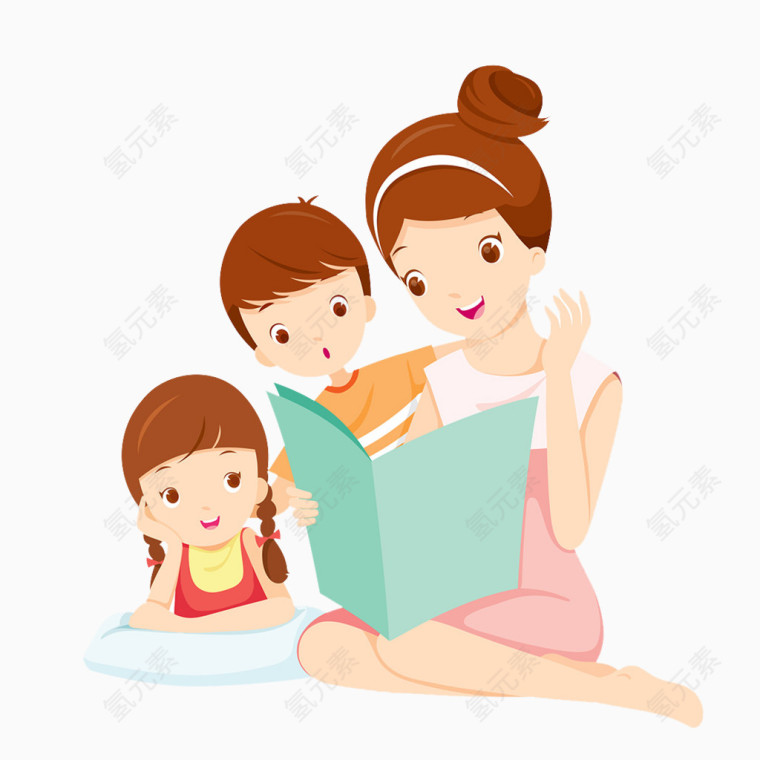 卡通手绘陪孩子看书的妈妈