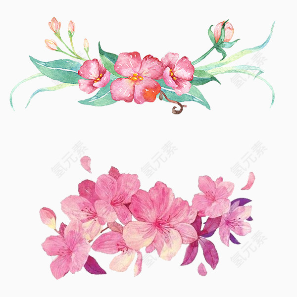 手绘水彩花簇花团粉色花朵绿叶