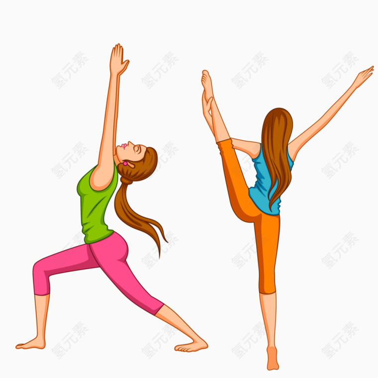 卡通手绘彩色女子练瑜伽侧提腿
