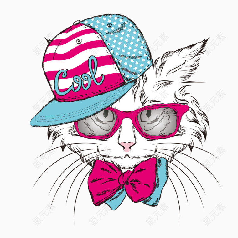 卡通手绘戴眼镜的动物猫咪素材