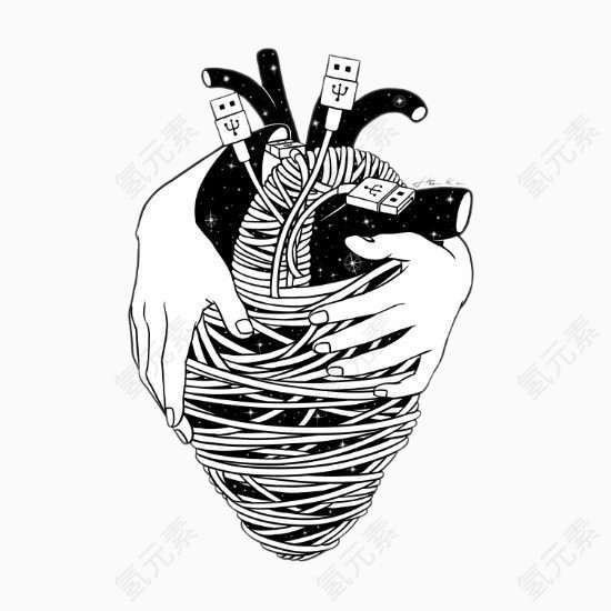 创意插画-数据线包裹的心脏