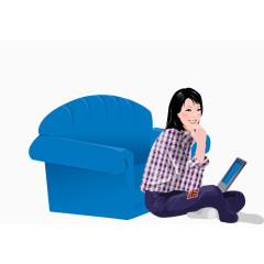 蓝色沙发看平板电脑的矢量女人