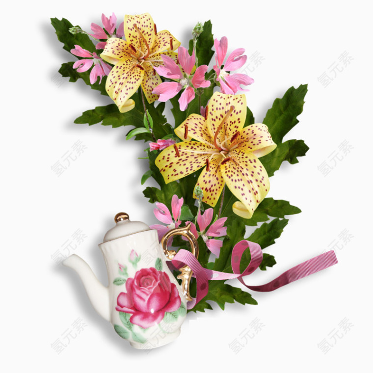 鲜花装饰的茶壶